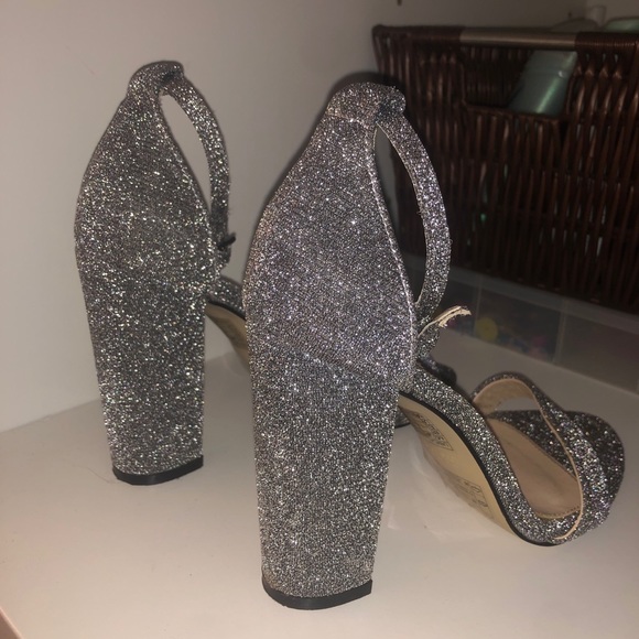 silver sparkly block heel shoes